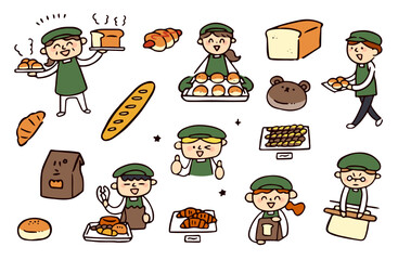 パンと店員たちのイラストセット