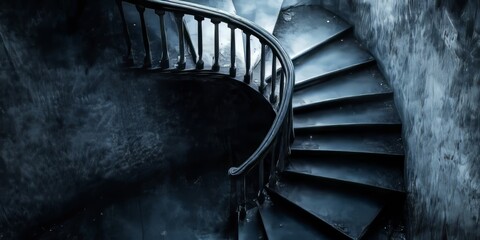 Dark and Mysterious Passage with a Spiral Stairway, Vintage Architecture, and Stone Walls