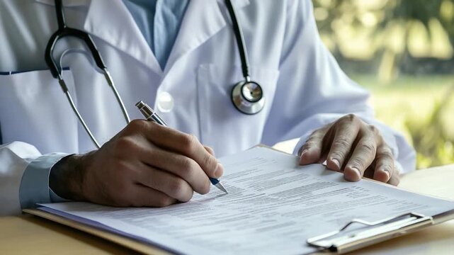 A doctor writes notes while holding a stethoscope, a symbol of their profession