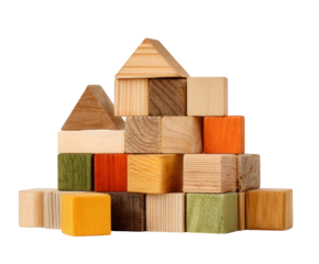 A pyramidlike structure built from various wooden blocks, including natural wood, painted orange and green, and textured blocks, isolated on transparent background