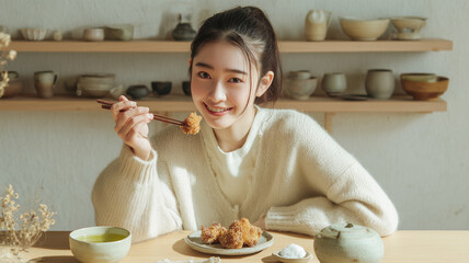 女性がカーディガンとスカートで唐揚げを食べる明るい昼の室内