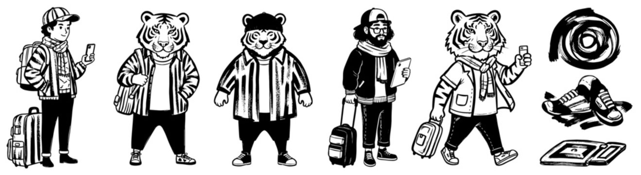 Anthropomorphic Travelers Illustration: Hand-Drawn Stylish Tigers and Human Tourist Group Journeying with Suitcases and Backpacks, Modern Creative Travel Concept in Black and White for Adventure Touri