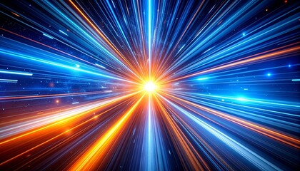 Radiant energy burst with orange core and blue light rays.