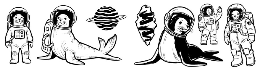 Fototapeta premium Astronaut Seals Exploring the Cosmos: Hand-Drawn Line Art Illustrations of Marine Mammals in Outer Space, Perfect for Children's Education, Science Projects, Creative Marketing, and Modern Design Conc