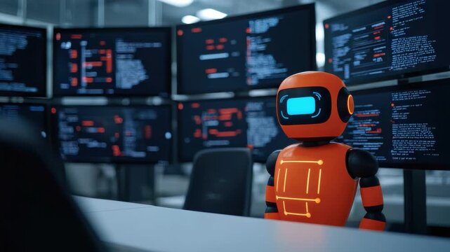 Futuristic robot assistant in a high-tech control room analyzing data on glossy screens with digital code and interface elements 4k video footage