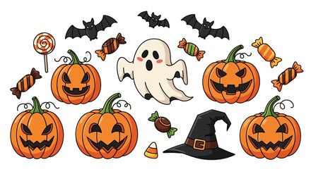 Spooky Halloween Cartoon Elements Vector Collection - Fun and Festive Holiday Design Set with Pumpkins, Ghost, Bats, Witch Hat, and Candies for Seasonal Decorations and Graphics