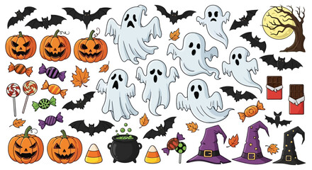A charming collection of classic Halloween elements, featuring friendly ghosts, carved jack-o'-lanterns, flying bats, witch hats, and festive candies, ideal for spooky season designs and decorations