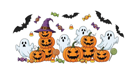 Charming and Spooky Halloween Celebration Scene Featuring Adorable Ghosts, Carved Jack-o'-Lanterns, and Colorful Candy, Ideal for Festive Autumn Designs and Holiday Invitations
