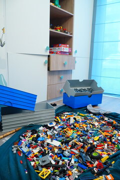 Messy Playroom Colorful Toy Bricks Scattered on the Floor with Storage Solutions in the Background
