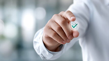 Digital approval action by business professional in modern office environment focused on document management