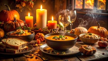 Naklejka premium A moody Halloween dinner table filled with pumpkin soup, bread, and candles.