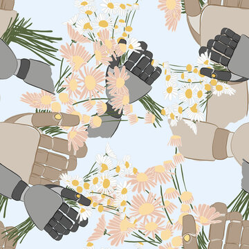 Tileable illustration of robot hands holding daisies in a peaceful pattern