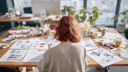 Creative designer working on project in modern office surrounded by papers and plants