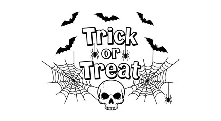 A black and white vector illustration of "Trick or Treat" with bats, spiderwebs, and a skull, perfect for Halloween, white background