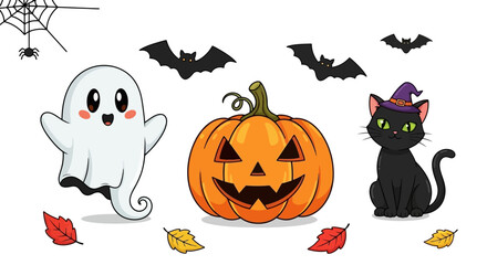 Cute Halloween vector illustration with festive spooky elements on a neutral background, white background