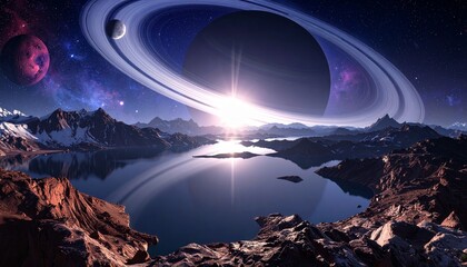 Alien world with rocky terrain, glowing planets, and surreal sky.