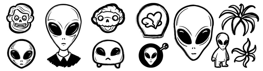 Obraz premium Cartoon Alien Icons Illustration Set in Brushstroke Style, Extraterrestrial Vector Art for Sci-Fi Designs, Futuristic Elements for Creative Projects, Fantasy Clip Art, Geeky Symbol Set for T-Shirts, S