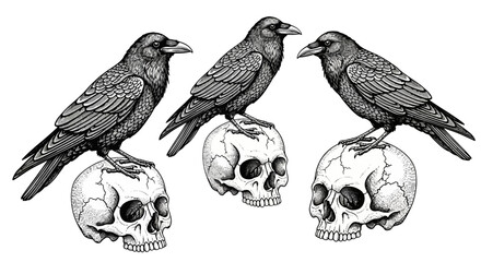 Three engraved ravens perched atop human skulls in a vintage style, white background