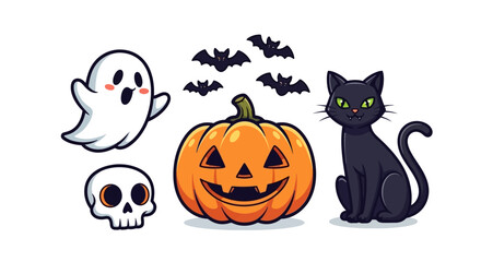Cartoon Halloween icons illustration featuring pumpkin, ghost, bats, black cat and skull, white background