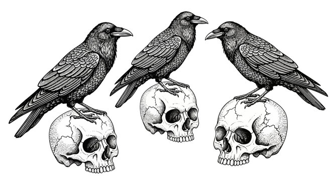 Three engraved ravens perched atop human skulls in a vintage style, white background