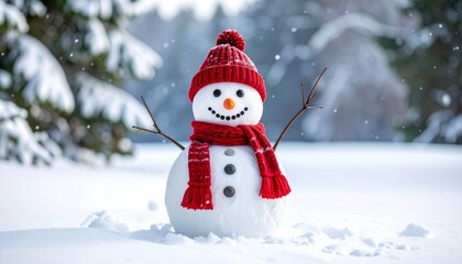 Cheerful snowman in winter landscape with falling snow.