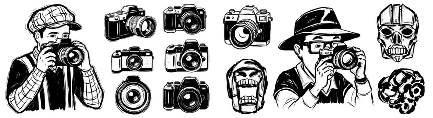 Retro Photographer in Action, Capturing Moments with Vintage Cameras, Surrounded by Masks and Lenses, in a Sketch Style Illustration for Nostalgia, Creativity, and Artistic Expression, a Classic Depic