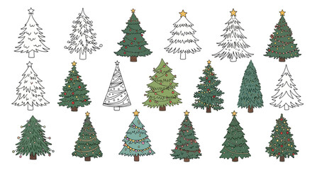 Diverse Collection of Hand-Drawn Christmas Trees for Festive Design Projects and Holiday Decor