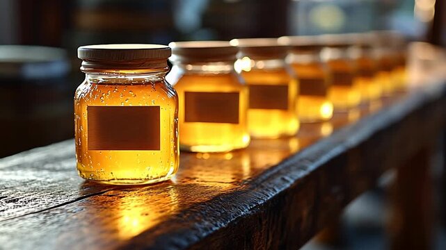 Close-up of honey jars on a wooden table in golden hour light.