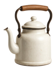 A vintage enamel teapot with a spout and wooden handle, perfect for rustic gatherings.