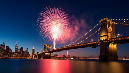 Fototapeta premium Fireworks Display Over Bridge and City 