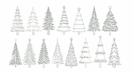 Obraz premium Diverse Collection of Hand-Drawn Christmas Tree Outline Illustrations for Festive Holiday Season Designs – Variety of Evergreen Conifer Trees for Winter Celebration Graphics and Decor
