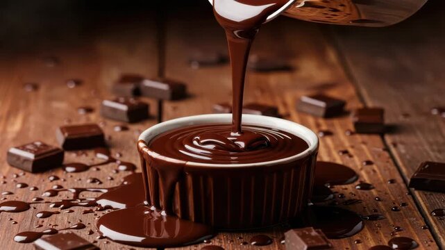 A luscious stream of melted dark chocolate is being poured into a bowl, creating a decadent and tempting dessert scene on a rustic wooden surface ai generated vedio