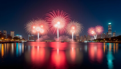 Fireworks Display Over a City and Reflective Water