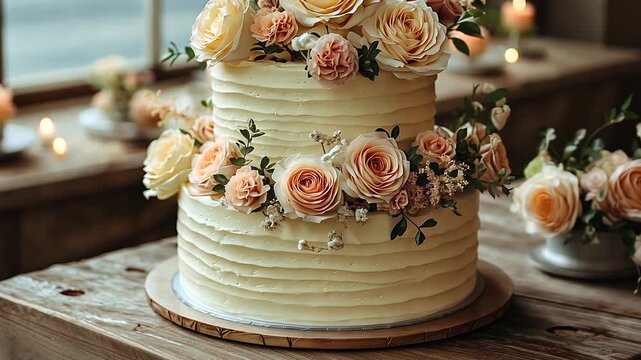 Two-tiered wedding cake decorated with peach roses and carnations on a rustic wooden table.