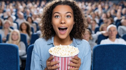 A shocked young woman with curly hair is holding popcorn in a crowded movie theater while watching a thrilling film.