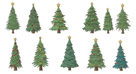 A vibrant collection of hand-drawn Christmas tree illustrations, featuring various shapes and decorations, ideal for festive holiday designs and winter-themed projects