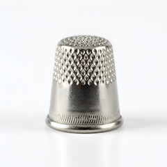 A metallic sewing thimble isolated on a white background, featuring a shiny textured surface with small dimples, symbolizing traditional craftsmanship and precision.