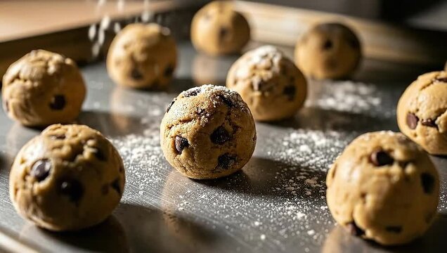 Close-up of raw chocolate chip cookie dough balls being dusted with flour on a baking sheet