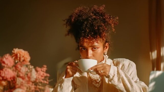 Woman with teacup and flowers in natural sunlight