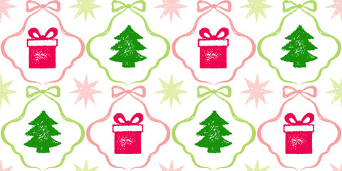 Christmas bow pattern. Seamless cute holiday bg with ribbon. Crayon kid background. Vector Christmas bow ribbon frame print. Red pink Xmas vintage winter floral seamless pattern with gift box, tree