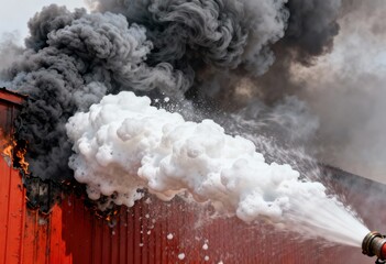 Firefighting foam being sprayed onto a burning red building engulfed in dense, turbulent black smoke.
