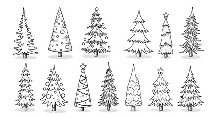 Obraz premium A diverse collection of hand-drawn Christmas tree sketches, perfect for festive holiday designs, winter greetings, and seasonal graphic elements to celebrate the joyful spirit of the season