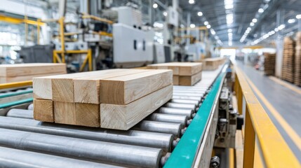 Naklejka premium Stacks of sawn timber traveling on an automated conveyor system in a bright, industrial production hall.