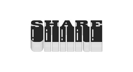 Share bold black viral internet button typography. Online content interaction. Web sharing. User communication. Monochrome 80s synthwave buzz word with layered shadow. Pop culture. Danfo font used