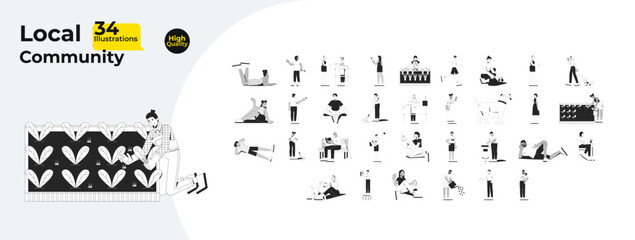 Local community people and gardening outline illustrations mega bundle. Volunteering, planting, relaxing, enjoying activities 2D linear images isolated. Collection black and white vector drawings