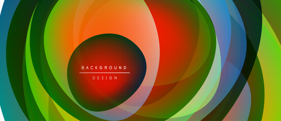 Fototapeta premium Abstract layers create dynamic circular pattern. Vibrant colors blend, forming modern background design. Text reads background design.