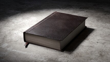 Intriguing leather bound book illuminated by a spotlight resting on a textured surface evoking mystery, history, and the allure of untold stories