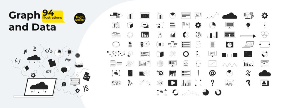 Graphs, charts and data visualization outline illustrations mega bundle. Programming coding. Analytics, digital analysis 2D linear images isolated. Collection black and white vector drawings