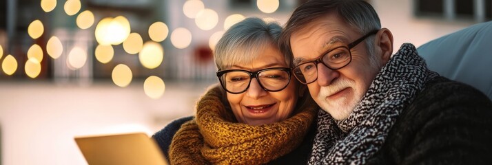 Joyful senior couple enjoying a cozy winter evening at home, using a tablet with festive lights.
