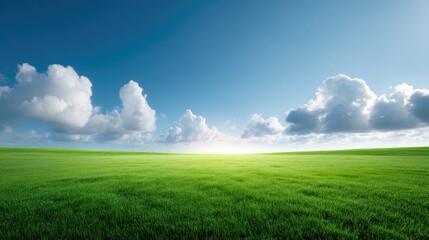 Obraz premium Vast Green Field under a Clear Blue Sky with Fluffy White Clouds and Gentle Horizon Light